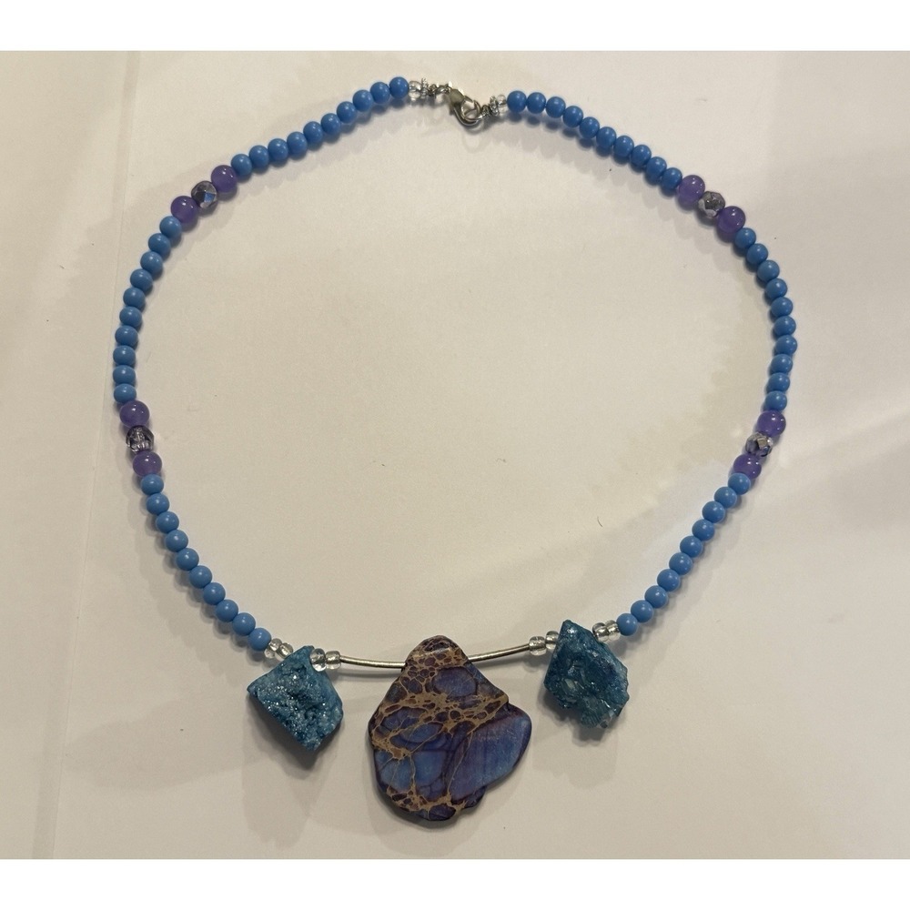Handmade Purple Stone Blue Geode Necklace jewelry bohemian fairy NEW OOAK